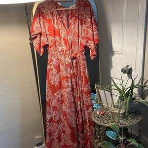 Sienna Sky Rust Red Tropical Leaf Jumpsuit